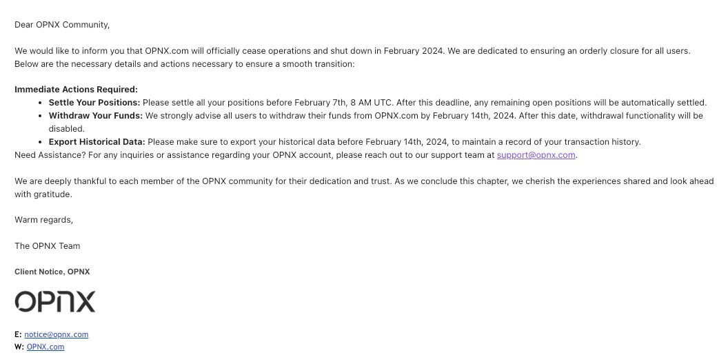 The email sent by OPNX to its customers, Source: CoinTelegraph