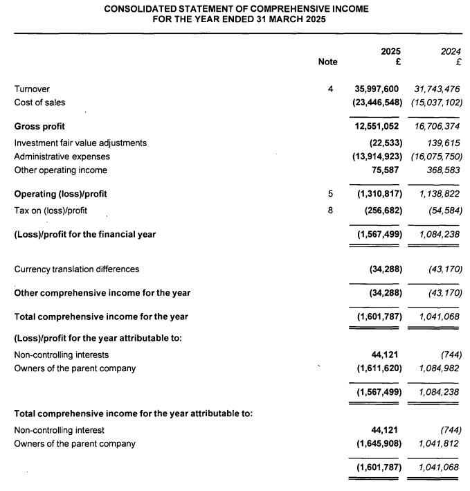 The income statement of Tavira Financial Limited