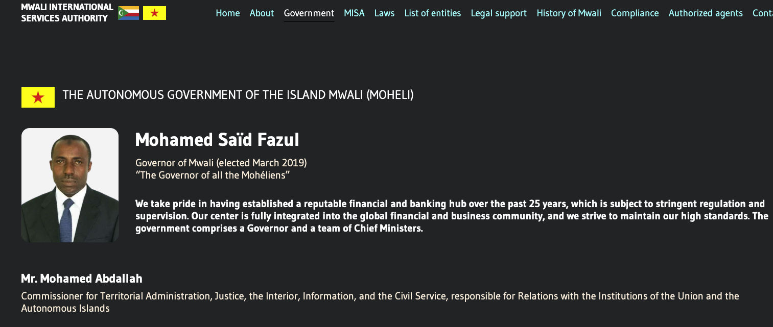 The screenshot of a Mwali regulator invoking the endorsement of Mohamed Saïd Fazul