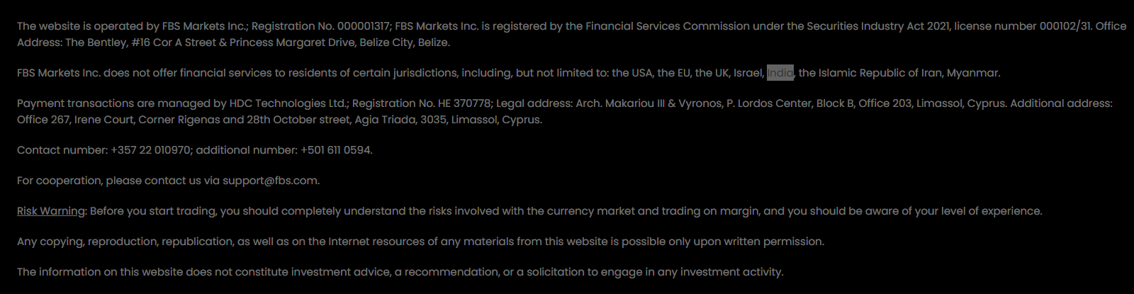 The text at the footer of FBS.com website