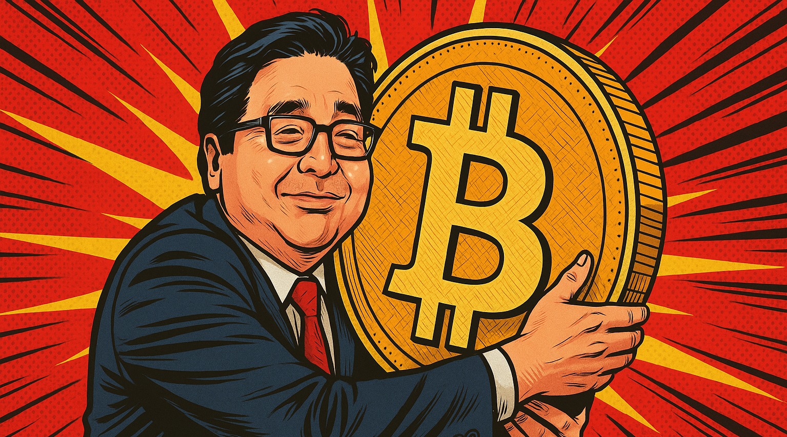 Comic-style illustration of Fundstrat's Tom Lee hugging a large Bitcoin token