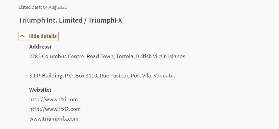 TriumpFX on Singaporean MAS warning list