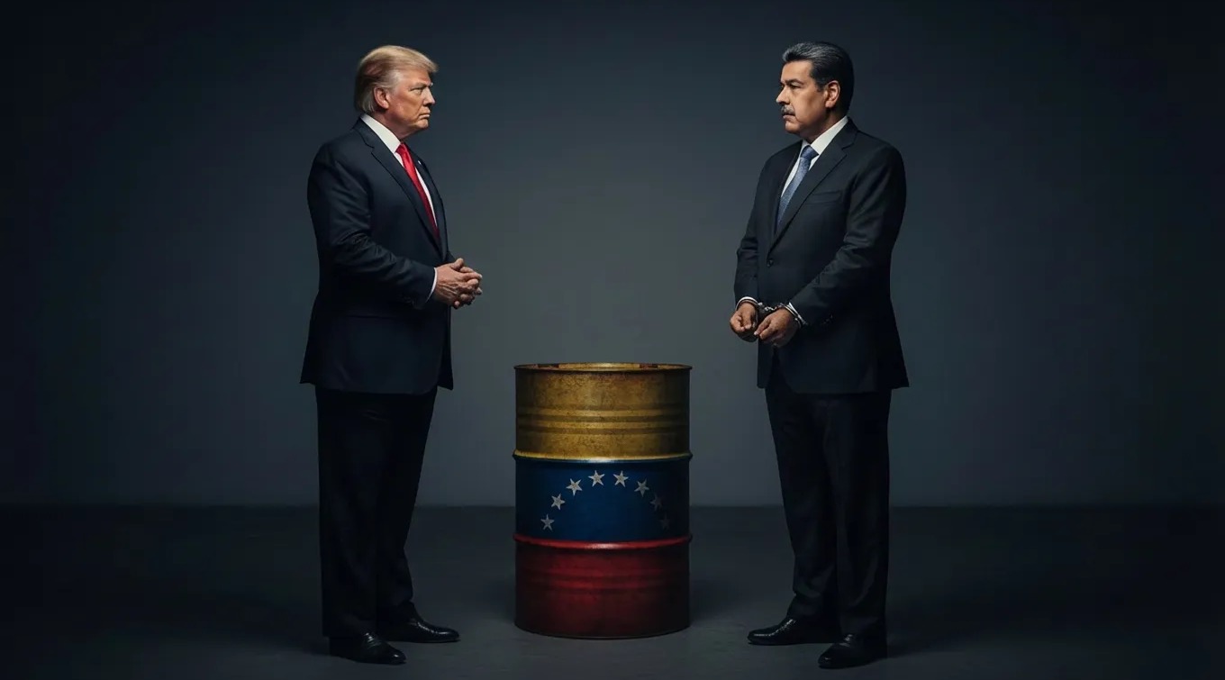 US President Donald Trump with Venezuelan President Nicolas Maduro in handcuffs