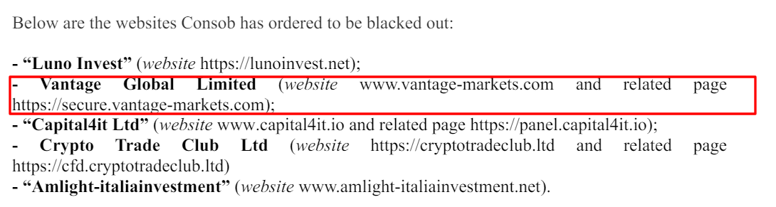 Vantage on the Consob's warning list