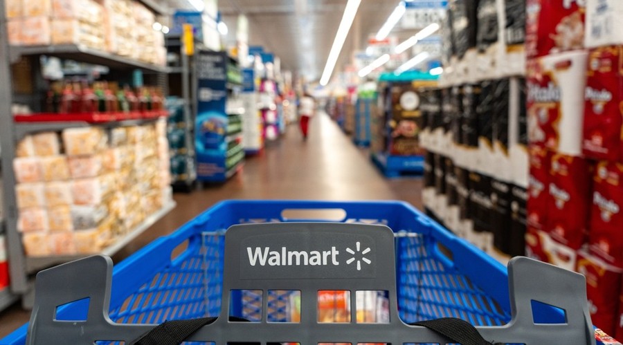 Walmart cart (first-person view) moving down an aisle