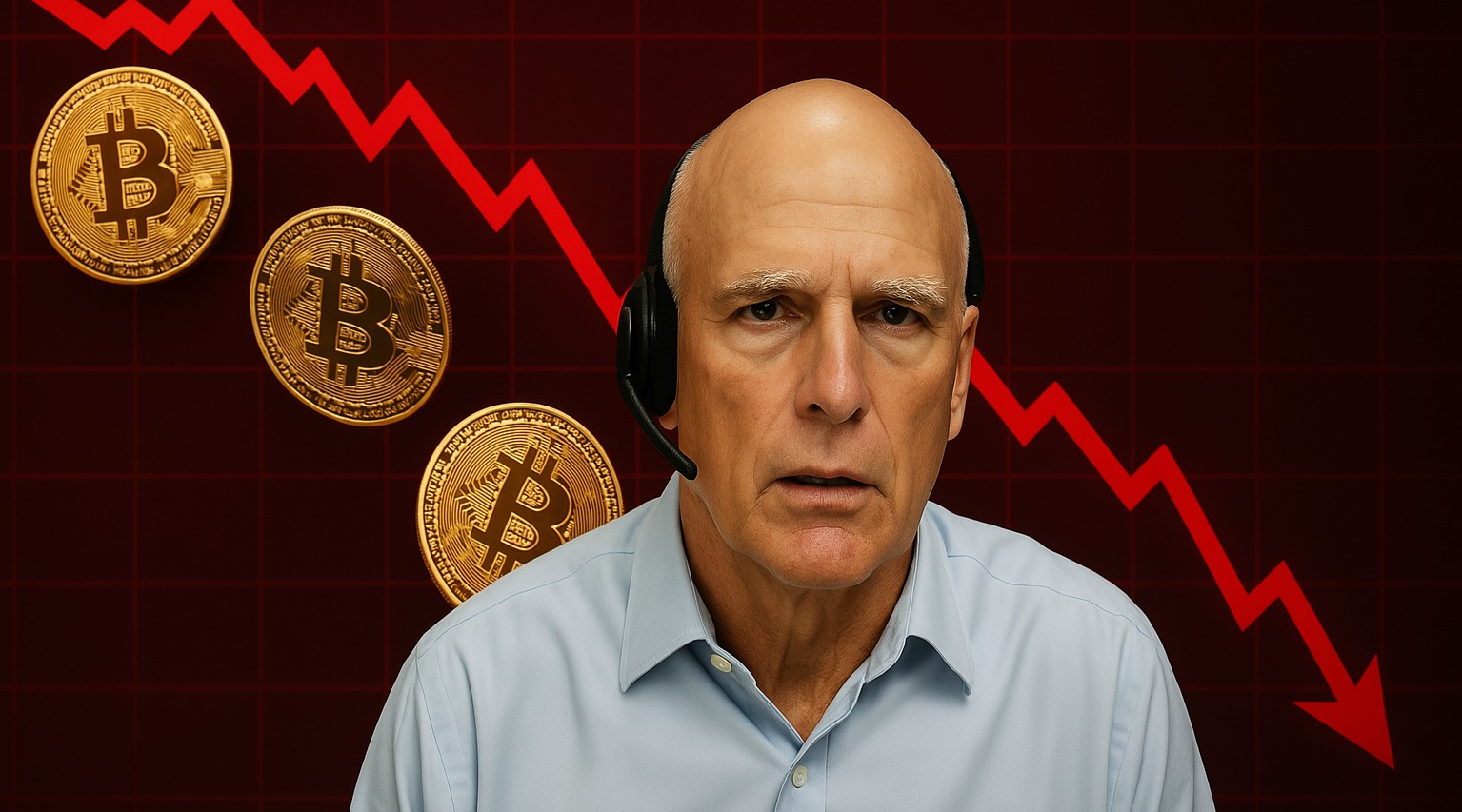 A trader, with sad face with falling Bitcoin prices in the background