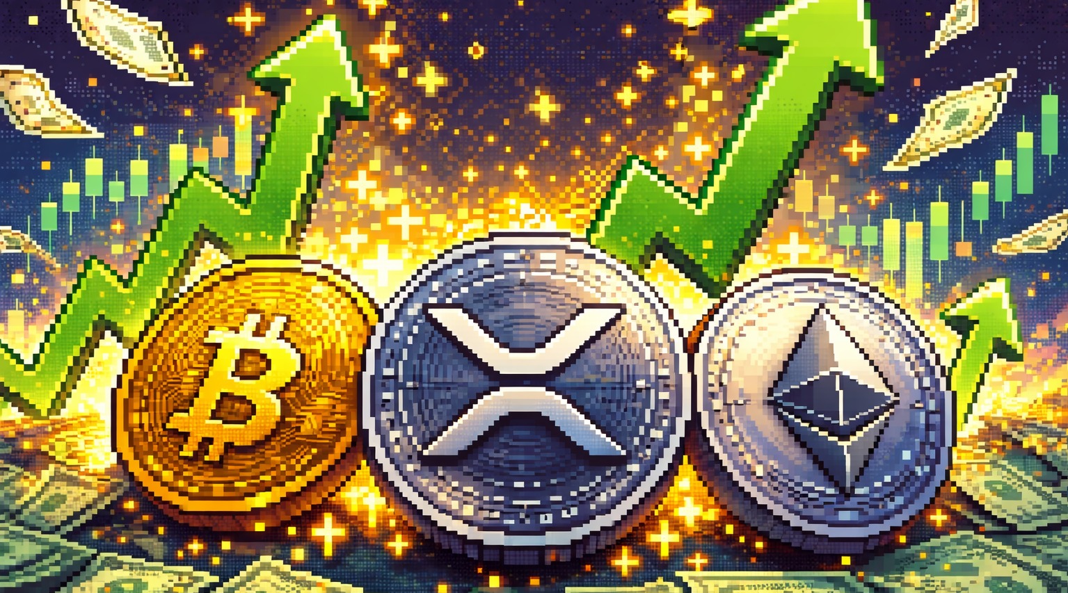 8-bit pixel art illustration of Bitcoin, XRP, and Ethereum coins with green upward arrows