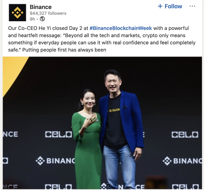 Yi He and Richard Teng, co-CEOs of Binance. Source: LinkedIn