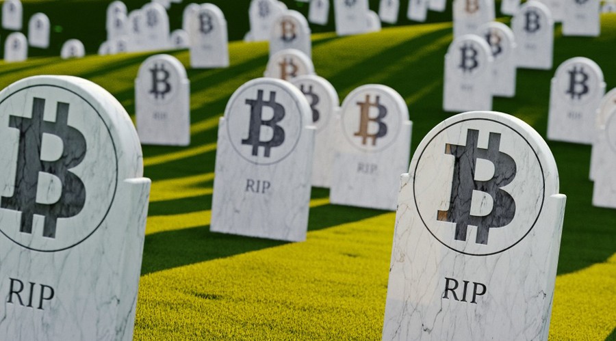Picture showing greaves of Bitcoins with a sign RIP