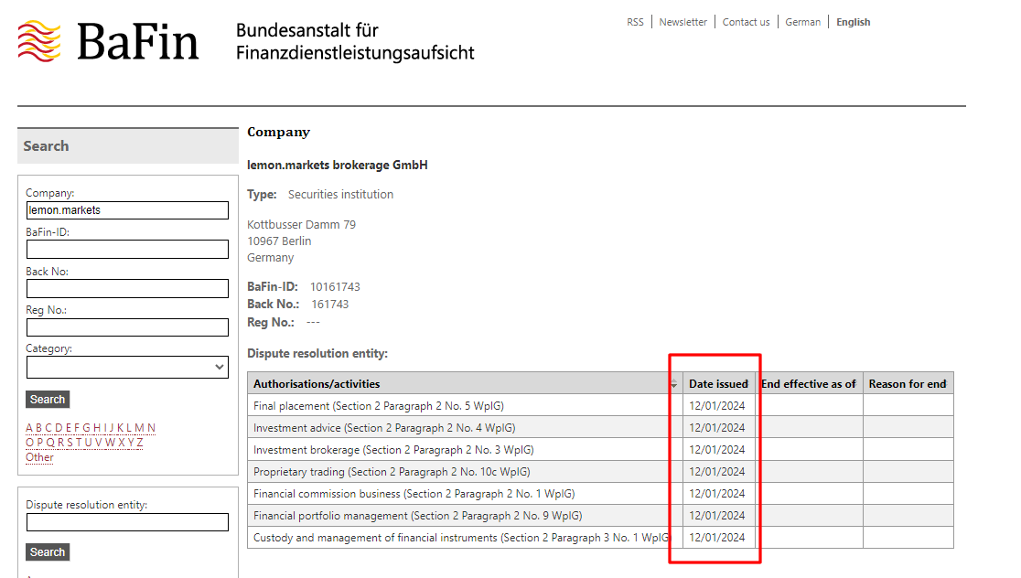 lemon.markets obtained its BaFin license two months ago. Source: BaFin