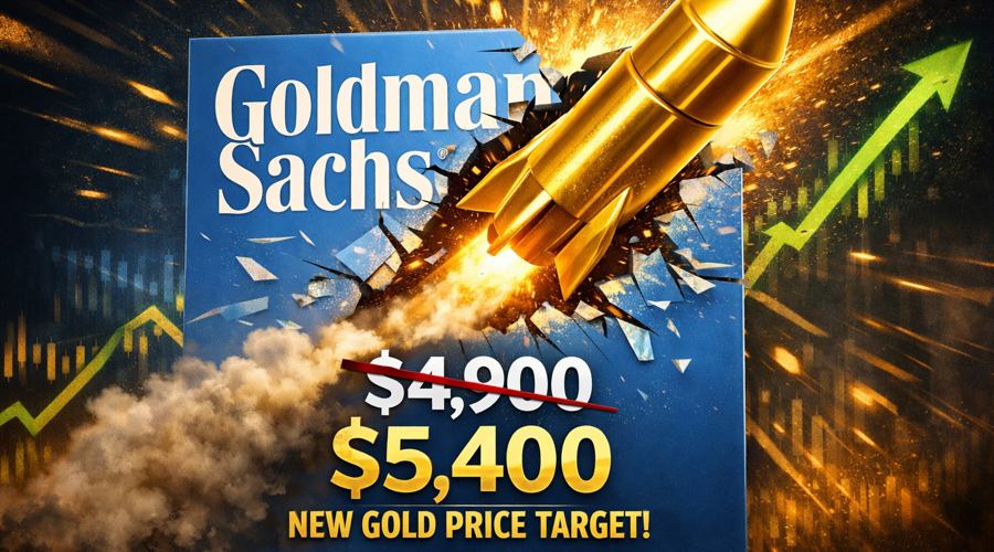 A gold bar shaped like a rocket breaks through the Goldman Sachs logo as prices rise toward $5,400